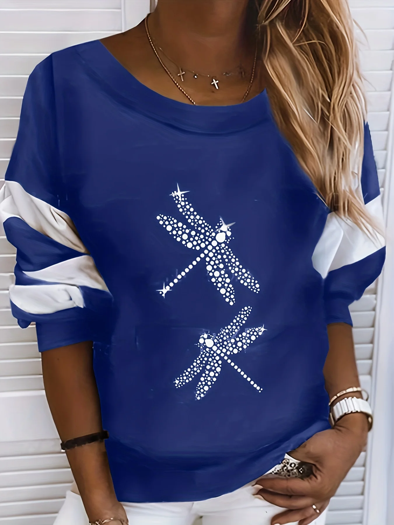 

Casual Sweatshirt, Women's Colorblock Stripe & Dragonfly Print Long Sleeve Round Neck Sweatshirt