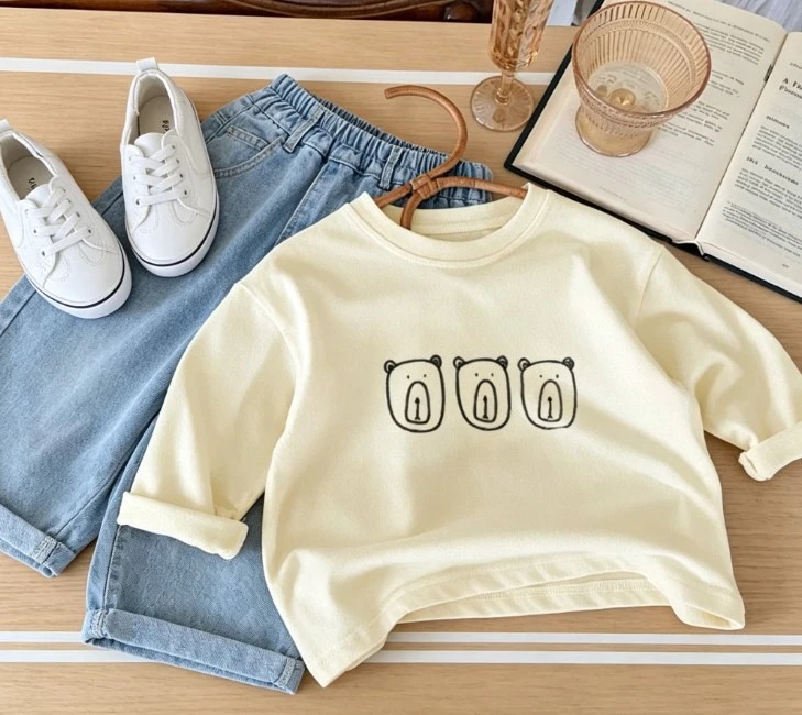 Children Minimalist Bear Print Cotton T Shirt Baby Kid Short And Long Sleeve Tee For Boys Girls Korean Style Casual Home Wear