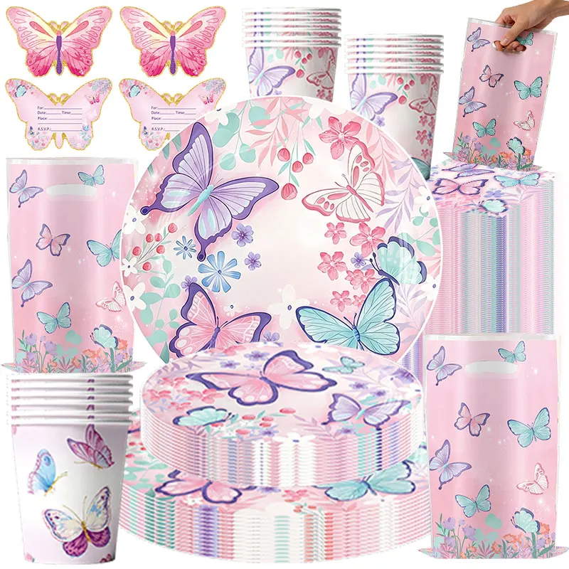 Schmetterling Geburtstagsparty Einweggeschirr Lila & Rosa Pappteller Becher Servietten Tischdecke Geburtstagsparty Dekorationszubehör
