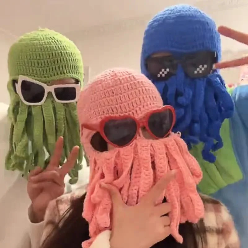 

Winter Funny Octopus Hat Facekini Cap Mask Thick Knitted Warm Men Women Festival Halloween Accessories Face Kini Hats