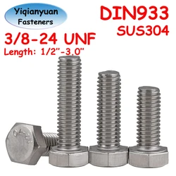 Yiqianyuan 3/8-24 UNF DIN933 Hexagon Head Screws SUS304 Stainless Steel External Hexagon Head Bolts Full Threaded Up To The Head