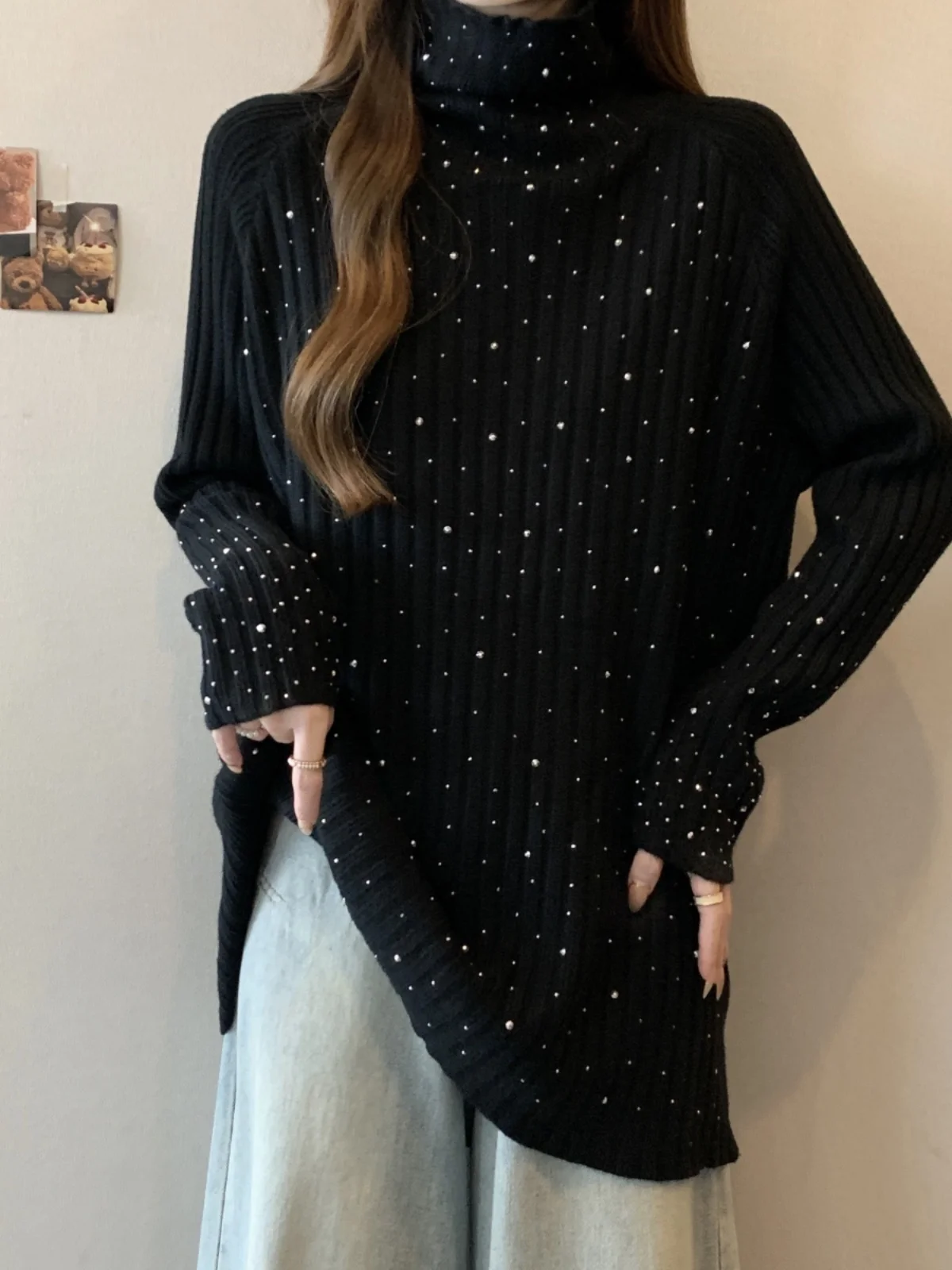 

Женский утепленный трикотажный свитер больших размеров с блестящими стразами, антистатический, осенне-зимний, свободного кроя, средней длины, с высоким воротом