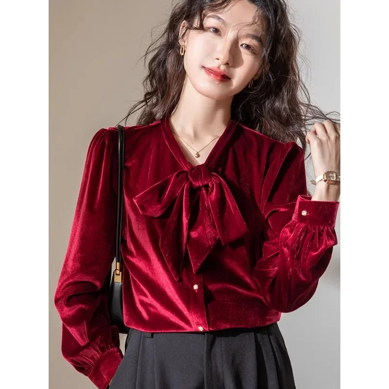 

French Wine Red Bow Golden Velvet Shirts for Women 2024 Autumn and Winter New Retro Woman Long Shirt Sleeve Inner Bottoming Top