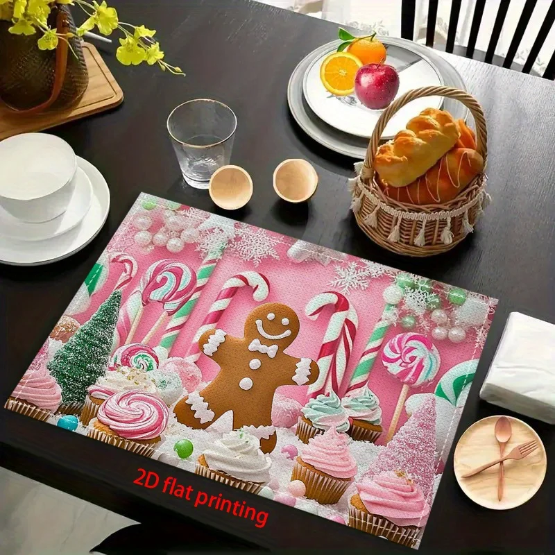 2/4/6pcs Premium Polyester Placemats - 2D Flat Printed Gingerbread for Man Pink Candyland Design, Durable Machine-Washable Table