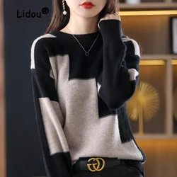 2022 New Autumn Winter Color Blocking Loose Sweaters Women Interior Lapping Classic Office Long Sleeve O-collar Keep Warm Top