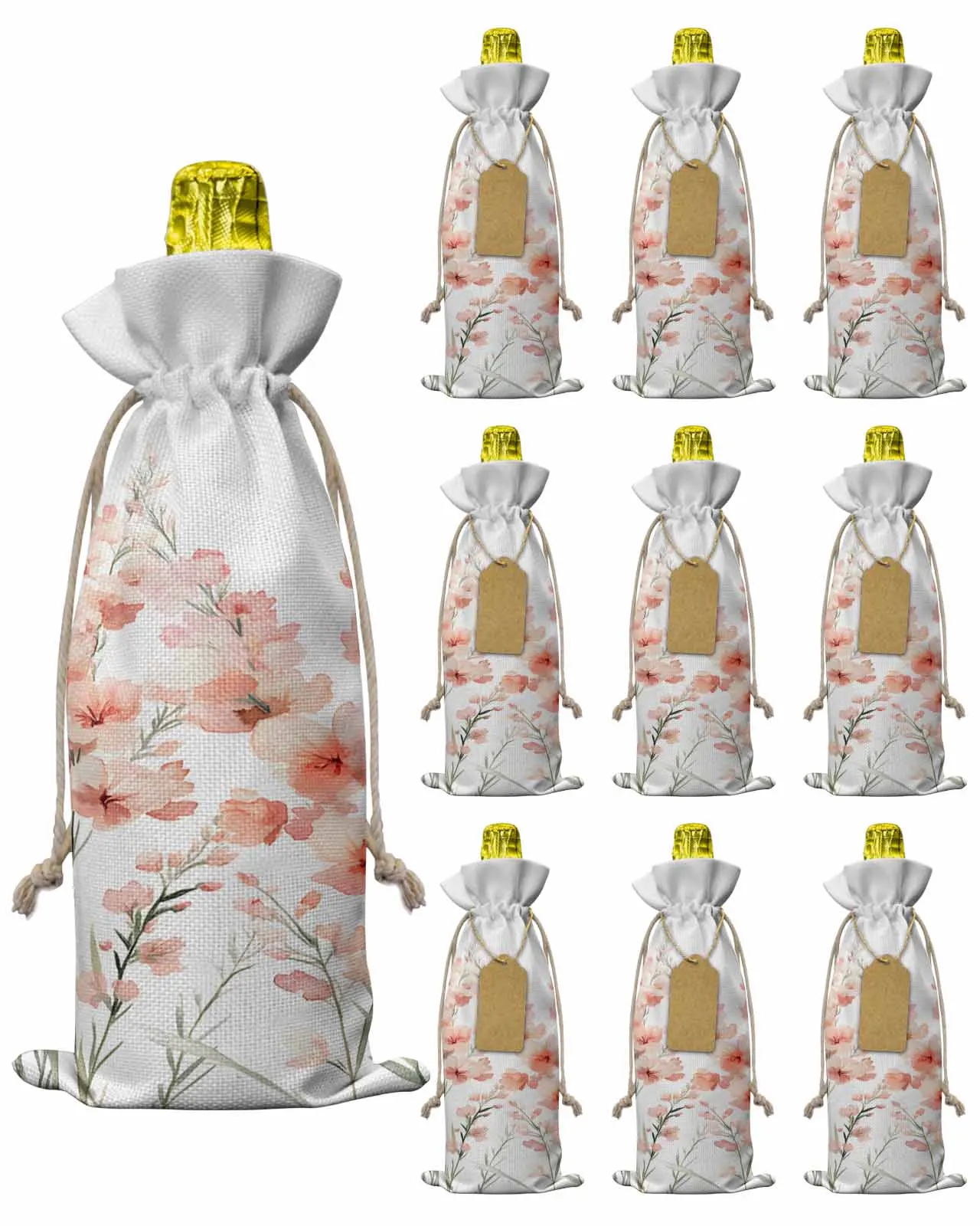 

10pcs Wine Bottle Covers Modernism Pink Flower Plant Wine Holder Carrier Packaging Bag Wedding Party Decor Gift