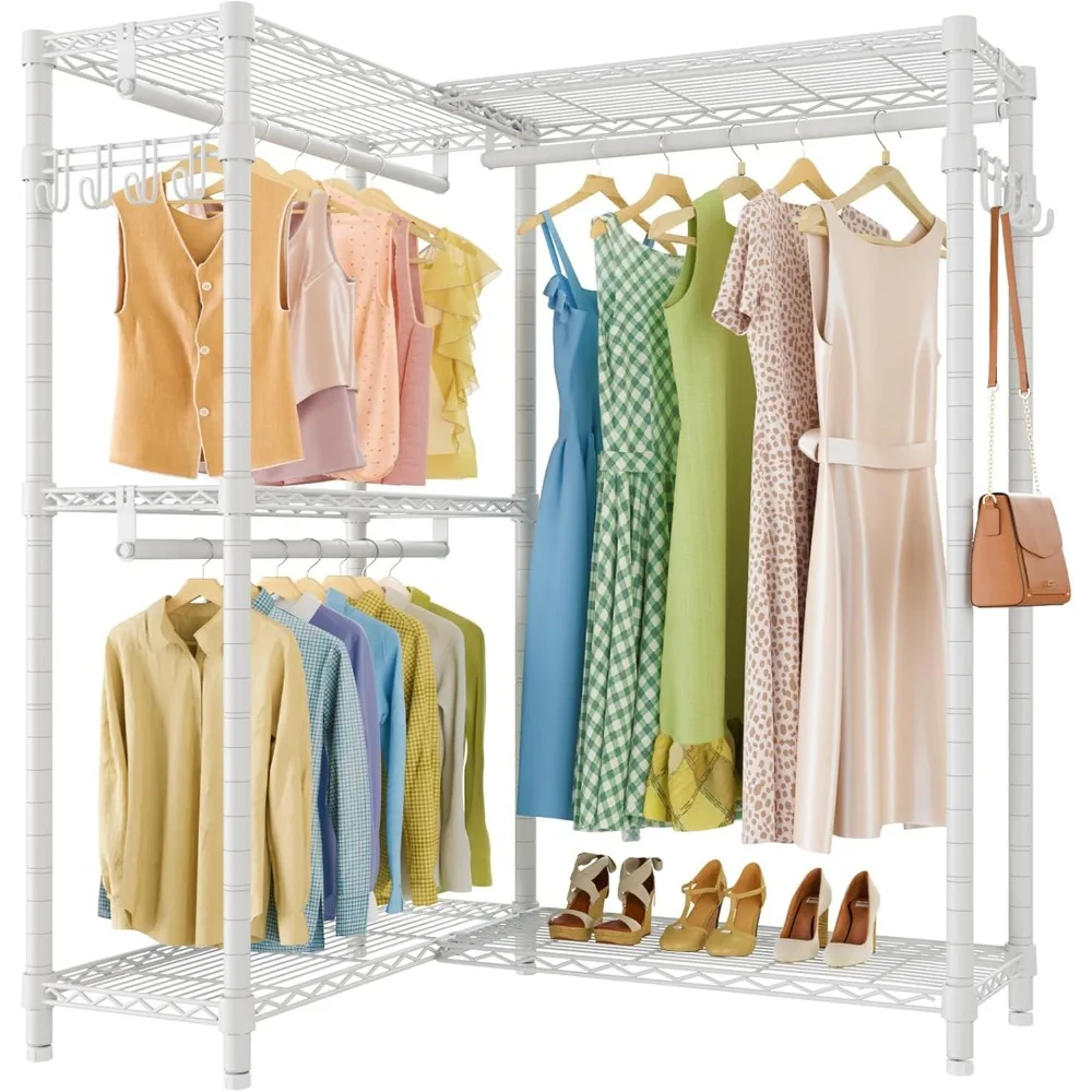

L4 Garment Rack L Shaped Clothes Rack for Corner, Freestanding Portable Wardrobe Closet Heavy Duty Clothing Rack with 3 Hanging