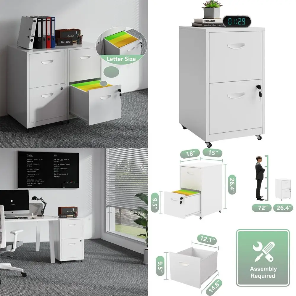 

White Mobile Letter Size 2-Drawer File Cabinet with Lock and Wheels for Under Desk Storage