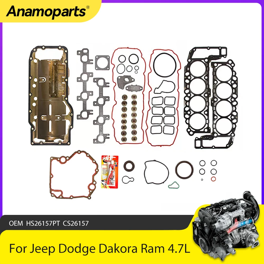 Engine Parts Full Gasket Set Intake Exhaust Valves Fit 4.7 L For Dodge Dakora Durango Ram Jeep 4.7L V8 SOHC 287CID 99-03 CS26157