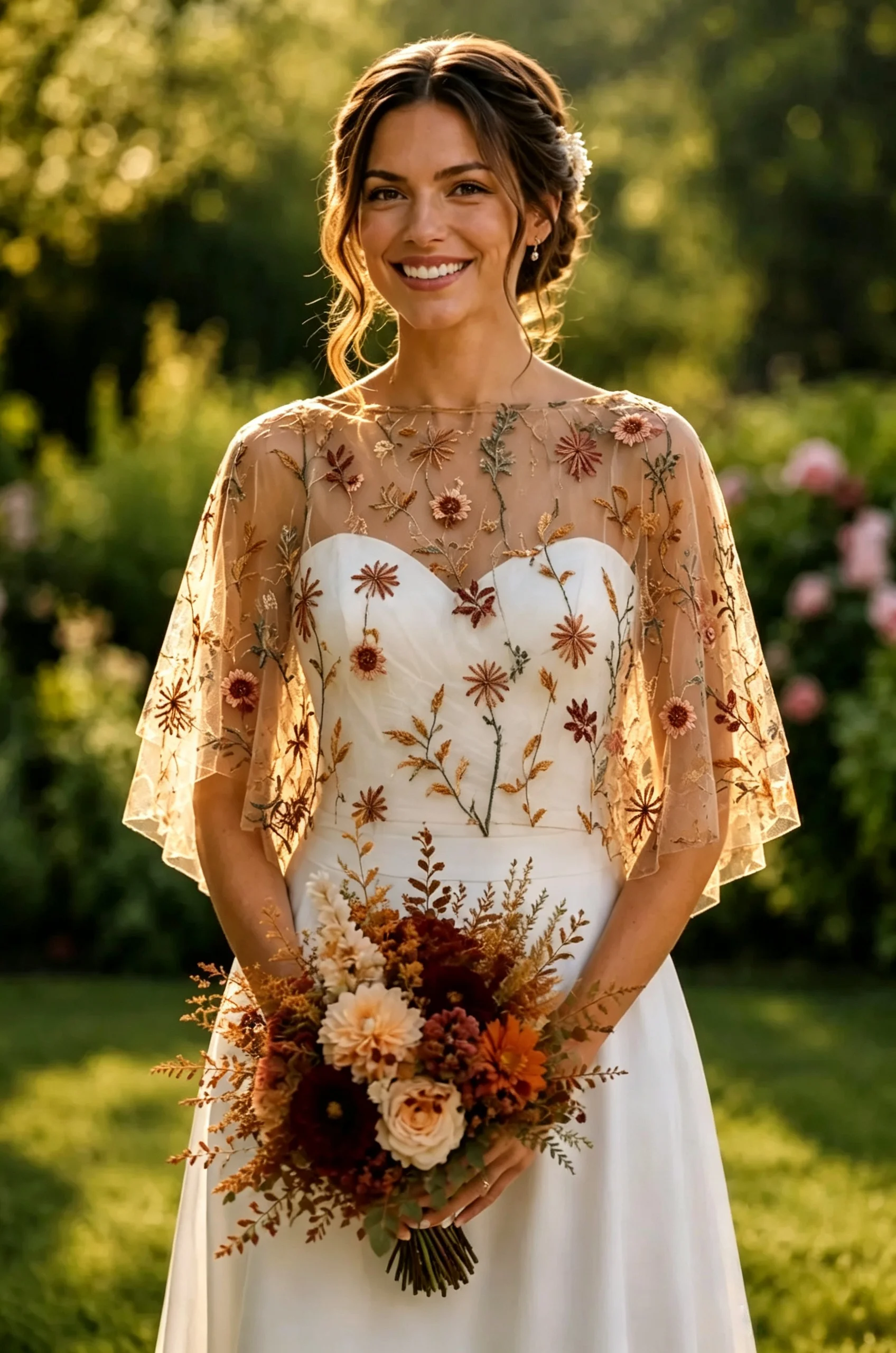 Autumnal Embroidered Floral Bridal Bolero Sheer Tulle Wedding Cover Up Boho Shawl Dress Topper