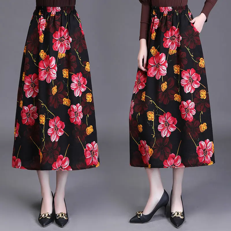 Cotton and Linen Skirt 2025 Spring and Summer Retro Printed Mid-Length Loose High Waist Slimming Bud Skirts Ladies