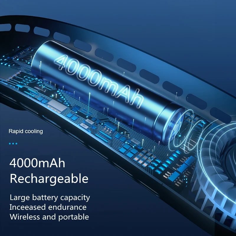 아웃도어 휴대용 목걸이 선풍기, USB 충전, 4000mAh 배터리, 음소거, 스포츠, 리프리스 선풍기, 에어 쿨러, 전기 급속 냉각기, 3 단 속도