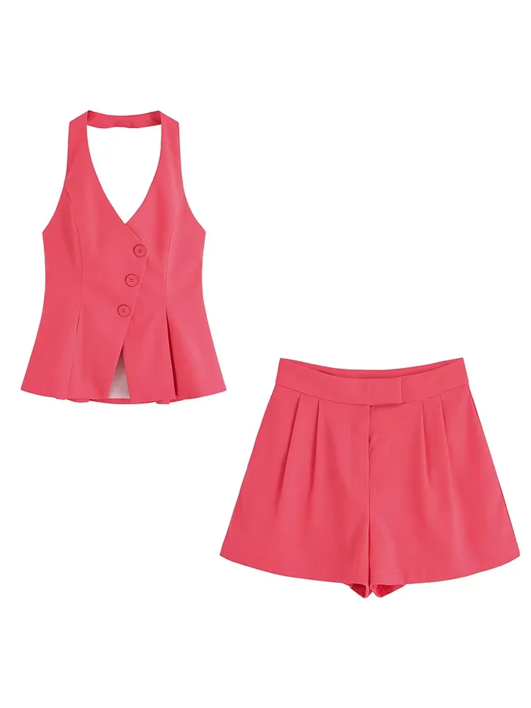 

HH женские модные однотонные костюмы с подвесным воротником, однобортный жилет без рукавов + повседневные шорты с высокой талией и карманами на молнии