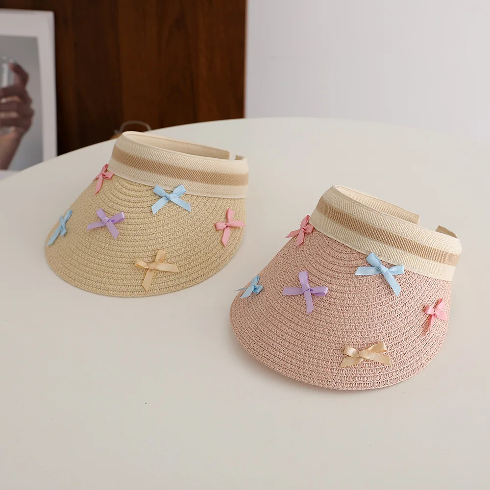 Girl Baby Summer Straw Hat Casual Bowknot Large Brim Sun Visor Cap Outdoor Beach Sunscreen Top Empty Sun Hats Cute Baseball Caps