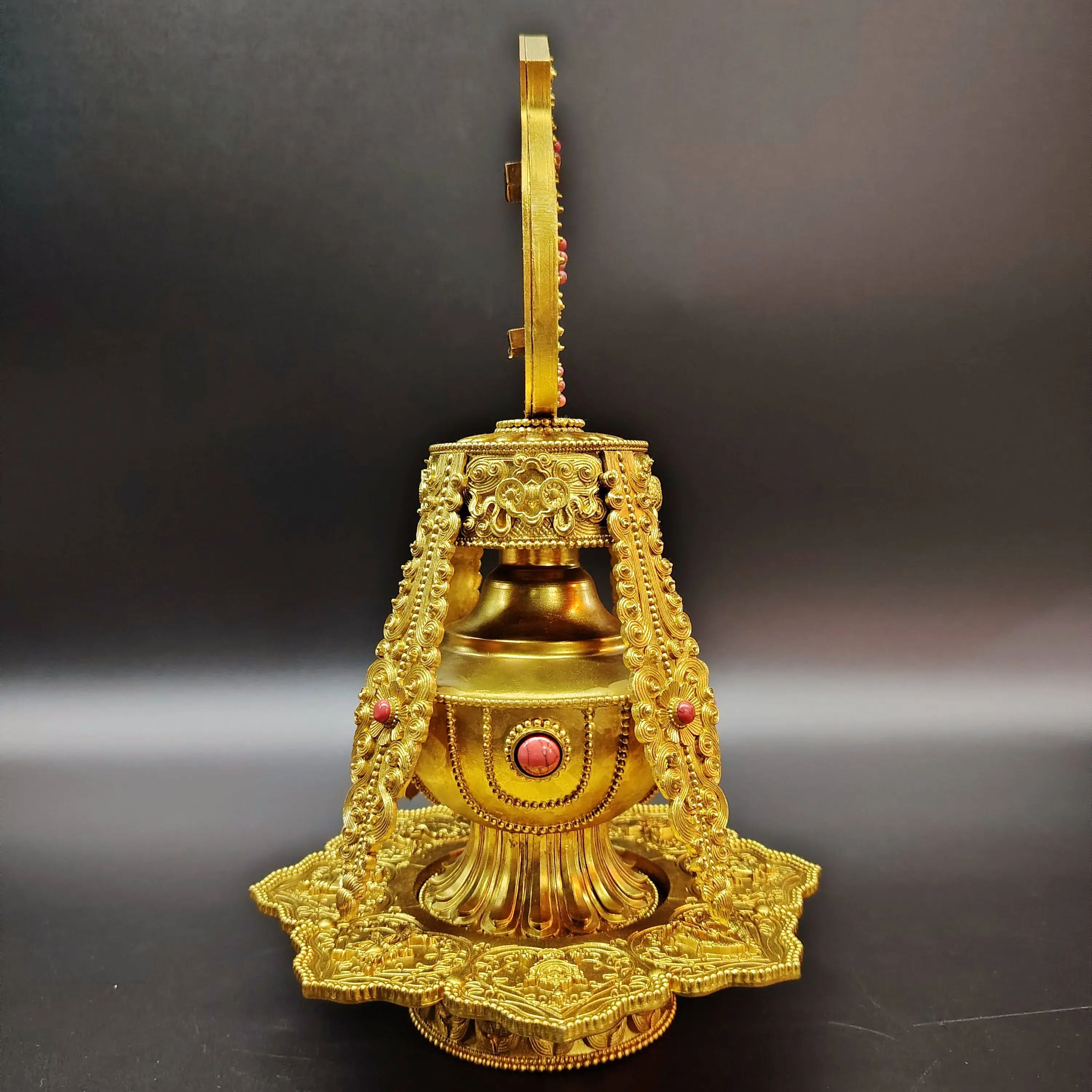 Pure Copper Nepal Gilded Carved Longevity Vase Eight Auspicious Symbols 24cm Home Altar Blessing