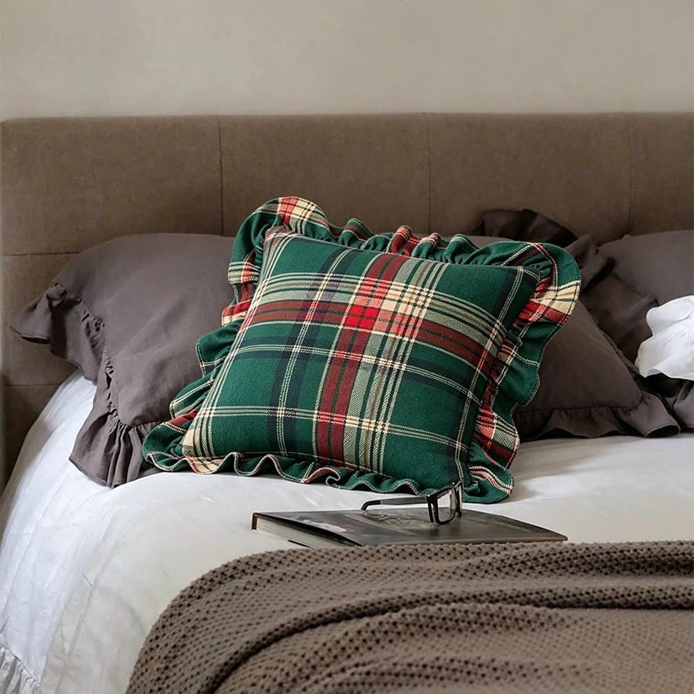 Dekorative Karierte Rüschen-Kissenbezüge, Schachbrettmuster Sofakissen-Überzüge, Wohnzimmer-Kissenhüllen, Weihnachtsdekoration – Detail 5