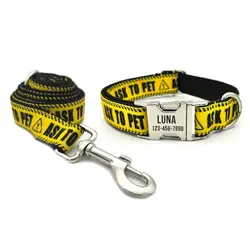 Personalized Dog Collar with Free Engraving, Matching Pet Leash,Customzied Contacts Metal Buckle, Ask to Pet Warning Sign Collar