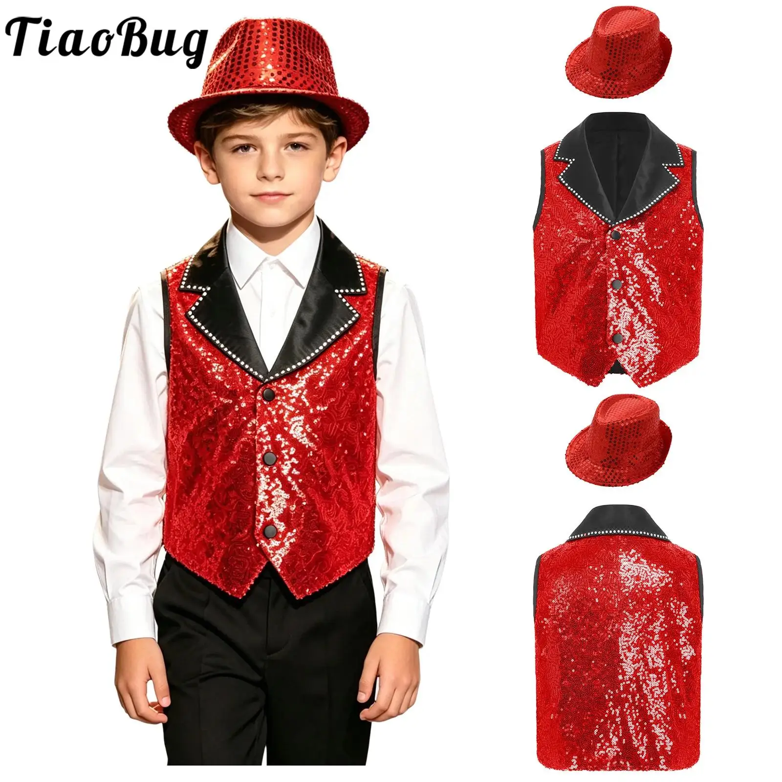 

Kids Boys Disco Jazz Tango Latin Cha-cha Dance Performance Outfit Lapel Collar Sleeveless Sparkly Sequin Vest with Sequined Hat