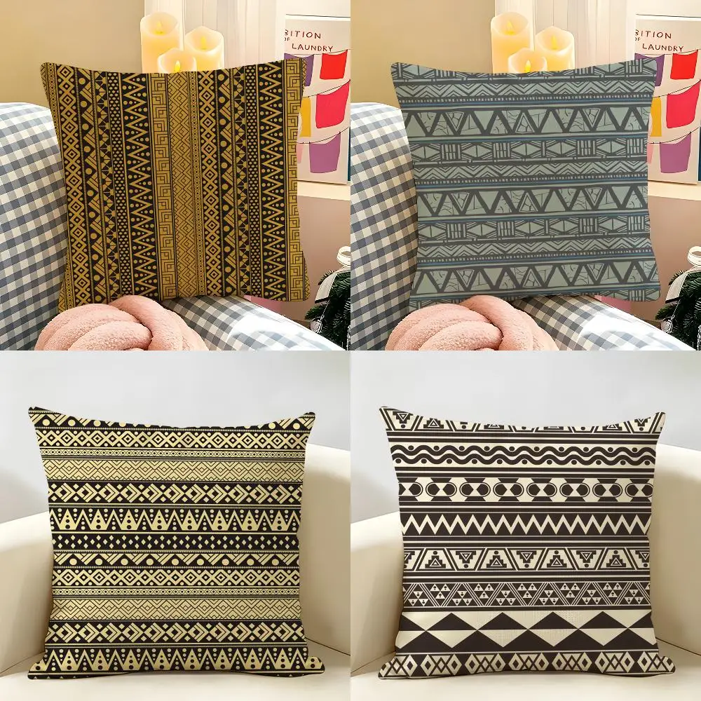 Geometric Ethnic Pattern Cushion Cover Natural Linen Organic Fabric Double-Sided Printing Room Sofa Decor Pillow Case