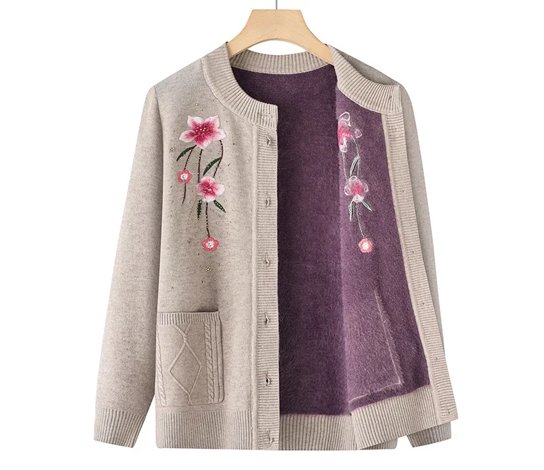Cárdigan de lana de una pieza para mujer, suéter, chaqueta de mediana edad, ropa cálida bordada para madre, suéter de punto con cuello redondo, Tops de invierno