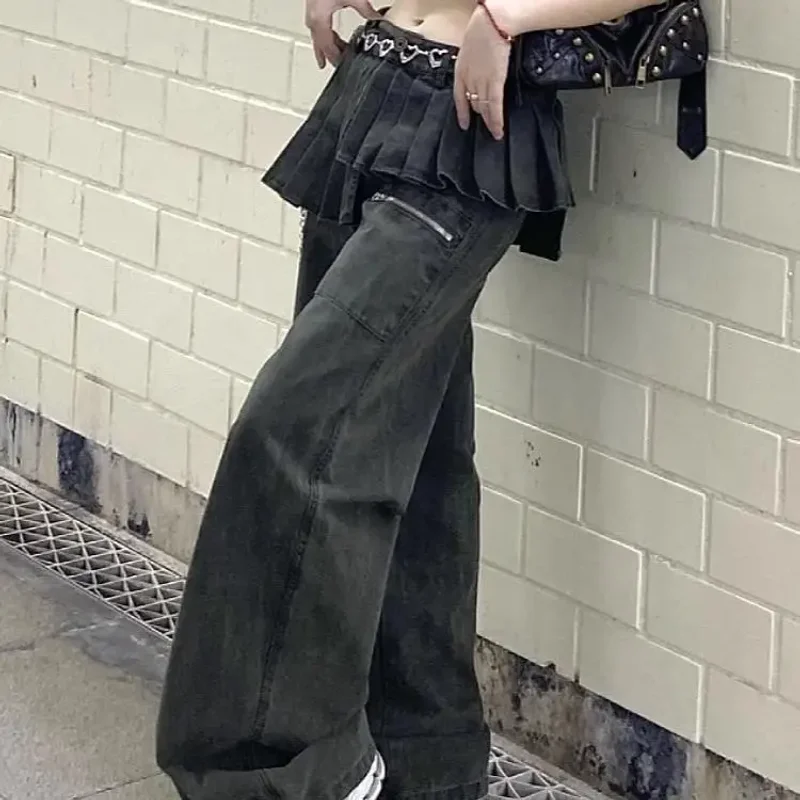 Oversized vintage vintage vintage irregular pleated skirt edges, two pairs of jeans, women's loose casual hanging pants