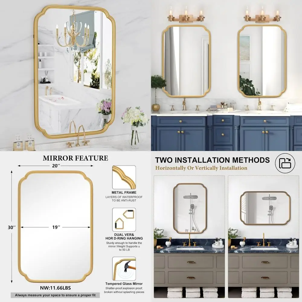 

Modern Wall-Mounted Gold Bathroom Mirror, 20x30 Inch, Rounded Corner Rectangle Design with Durable Iron Frame Vanity Accessory