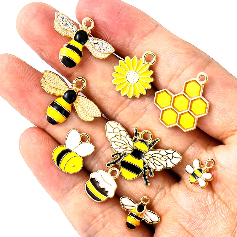 10pcs 20 styles Zinc alloy Metal Enamel bee honeycomb sunflower charm For Bracelet Necklace Key Chain Pendant DIY Jewelry Making