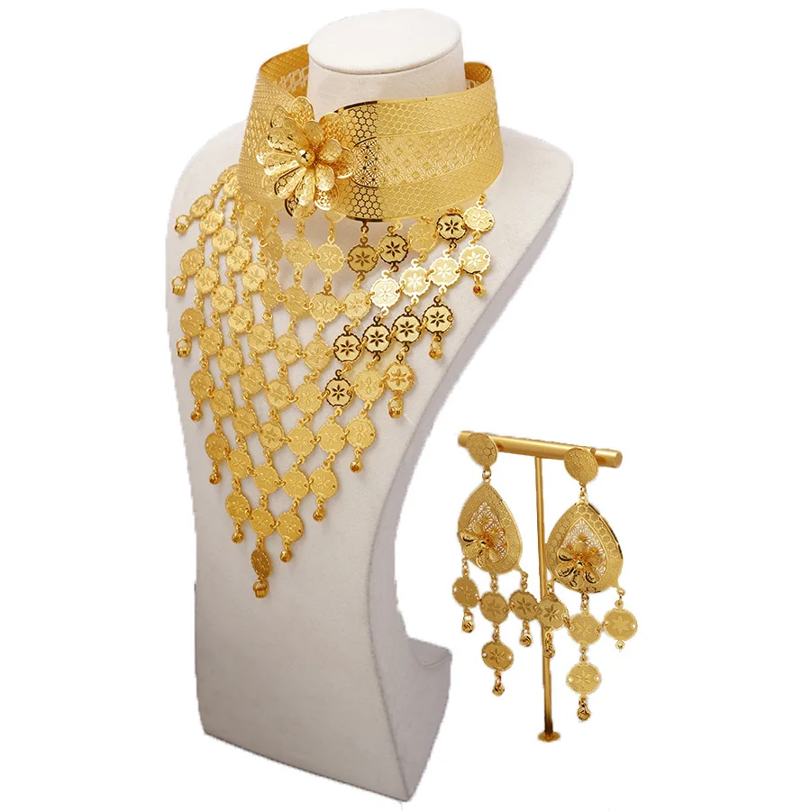 New 24K Gold Plated Bridal Wedding 2-piece Set Dubai Women's Earrings Necklace Fashion Jewelry Popodion   YY10478