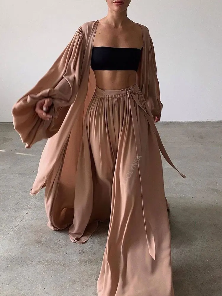 Sexy Solid Color Three-Piece Set 2023 Autumn Women Tube Top Beach Dress Crop Top Trousers Long Sleeve Cardigan 3 Piece Set A1642