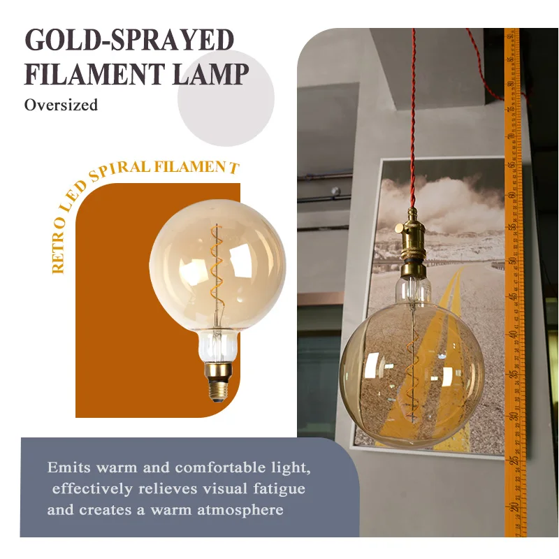 LEDフィラメント付き特大ガラス電球、金メッキ仕上げ、4W 220-240V、2500K温白色光、E27、20cm/7.87インチ省エネ