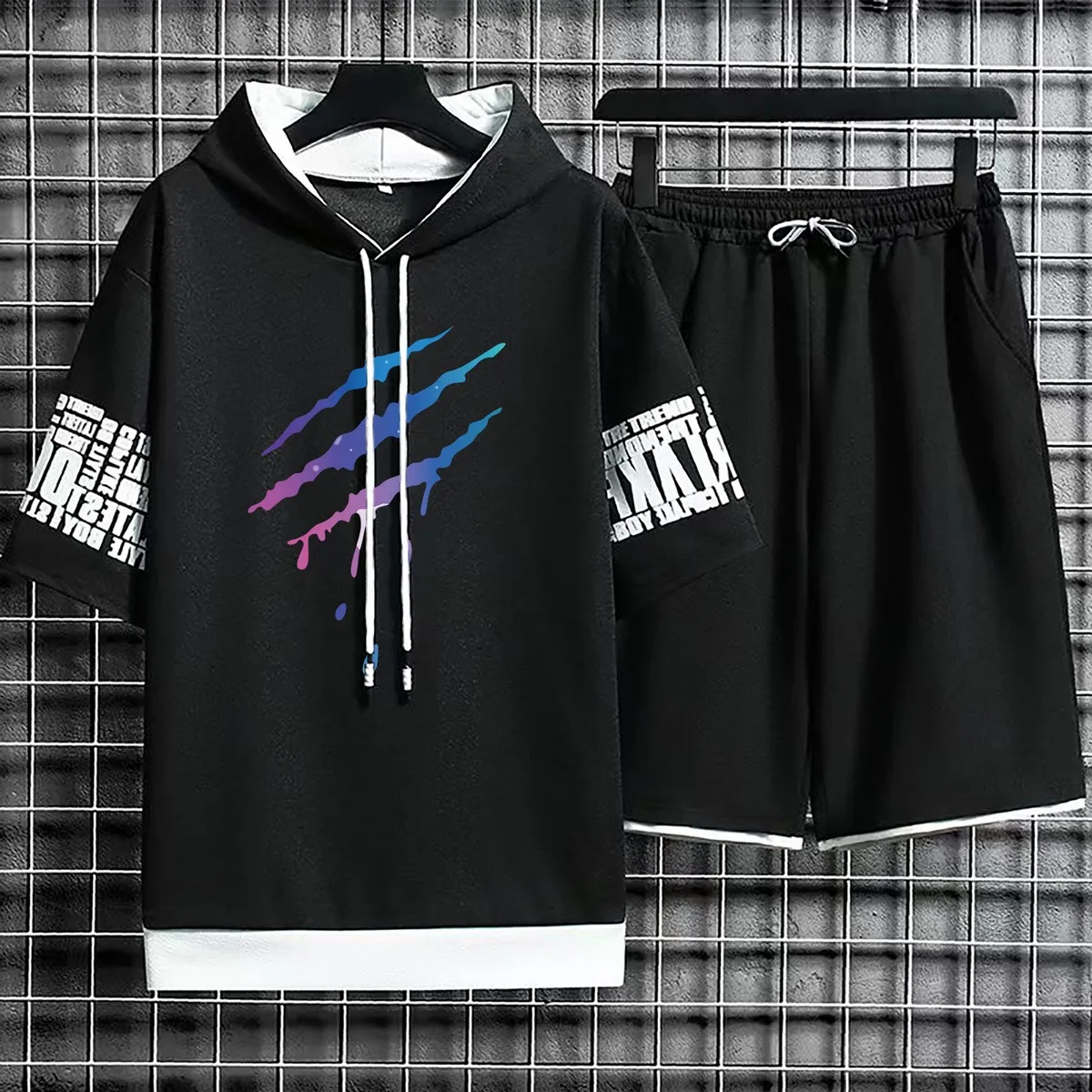 

Комплект с толстовкой и шортами, Повседневная футболка, футболка, одежда для мужчин, летние костюмы, толстовка с капюшоном и принтом, мужской новый топ с коротким рукавом
