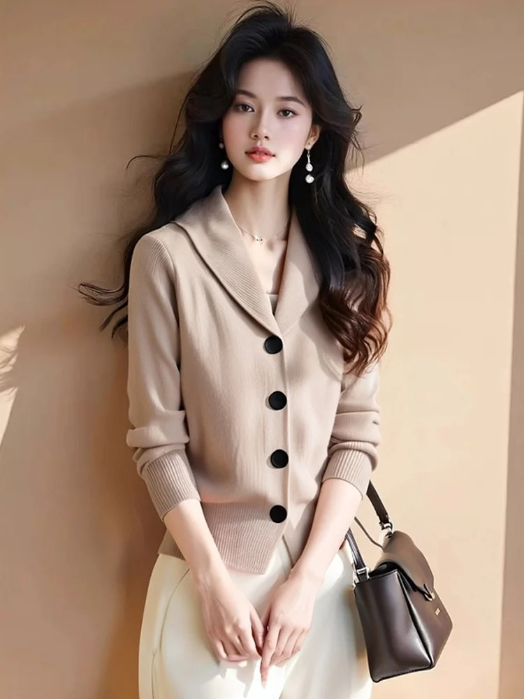 

Женский модный вязаный кардиган с длинными рукавами, отложным воротником и одной пуговицей, в корейском стиле, для похудения