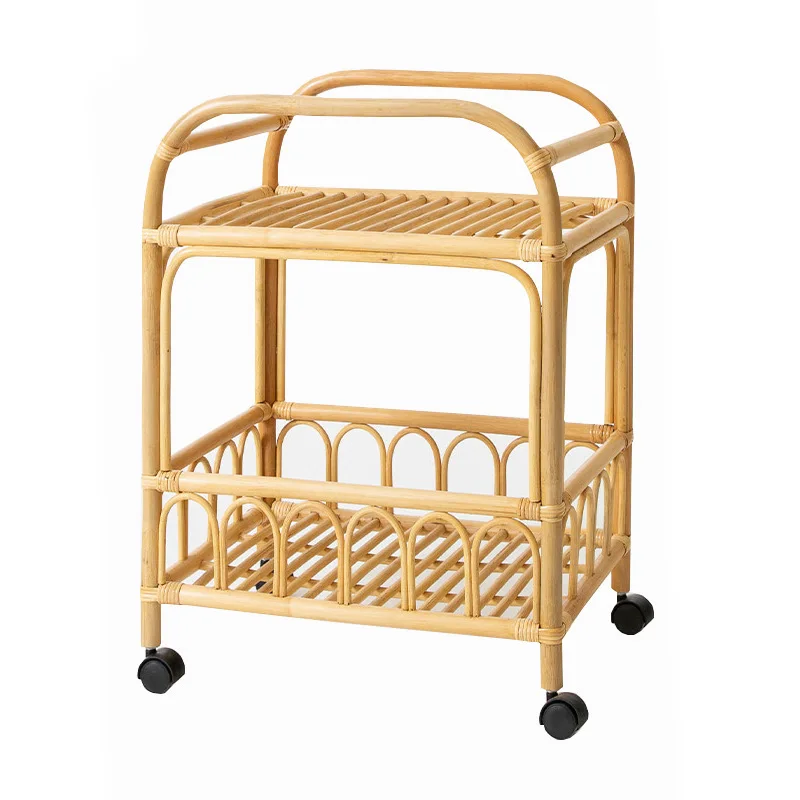 Factory Direct 2026 Japanese rattan storage dining cart trolley mobile tea cart household cake trolley European double layer