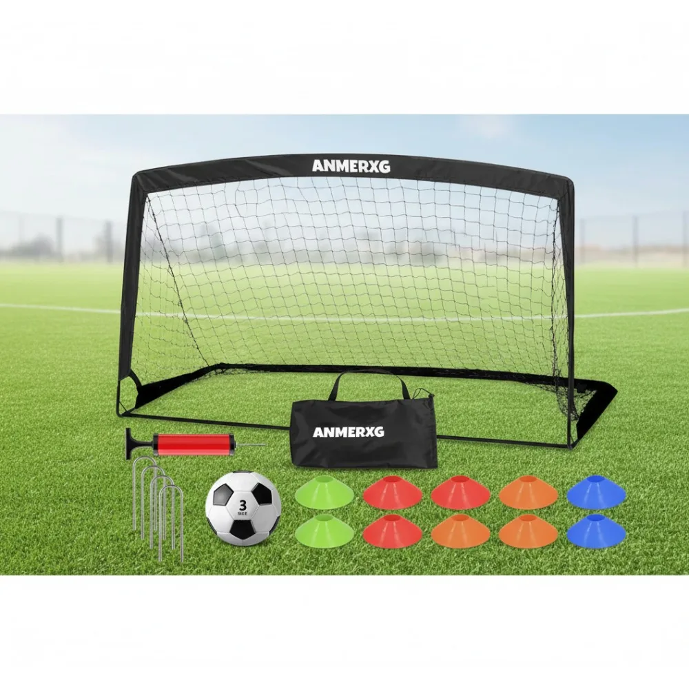 Set porta calcio portatile per bambini 6x4FT con pompa a sfera e coni - Attrezzatura da allenamento pieghevole per sport in giardino