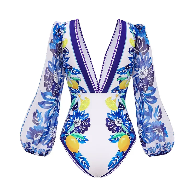 2024 Women Long-sleeves Lemon and Creative Pattern Print One Piece Swimsuit and Skirt Beachwear bikini Two piece Bathing Suit