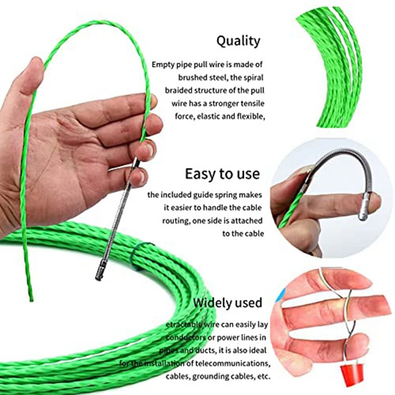 1Set Fish Tape Cable Puller Kit 4.5Mm PET Electrical Cable Puller Green Through Wall Wire Guide Device Threader Polyester