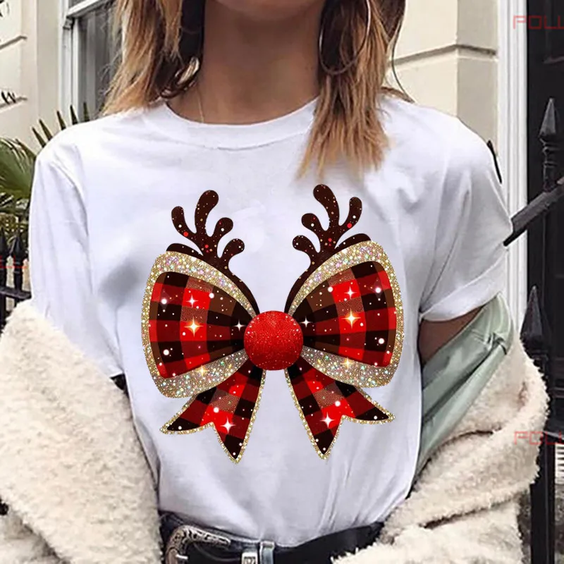 

Fashion Reindeer Antlers Bow Plaid Women T Shirt Funny Graphic Christmas Party Outfit Harajuku Casual Female Clothes Tees