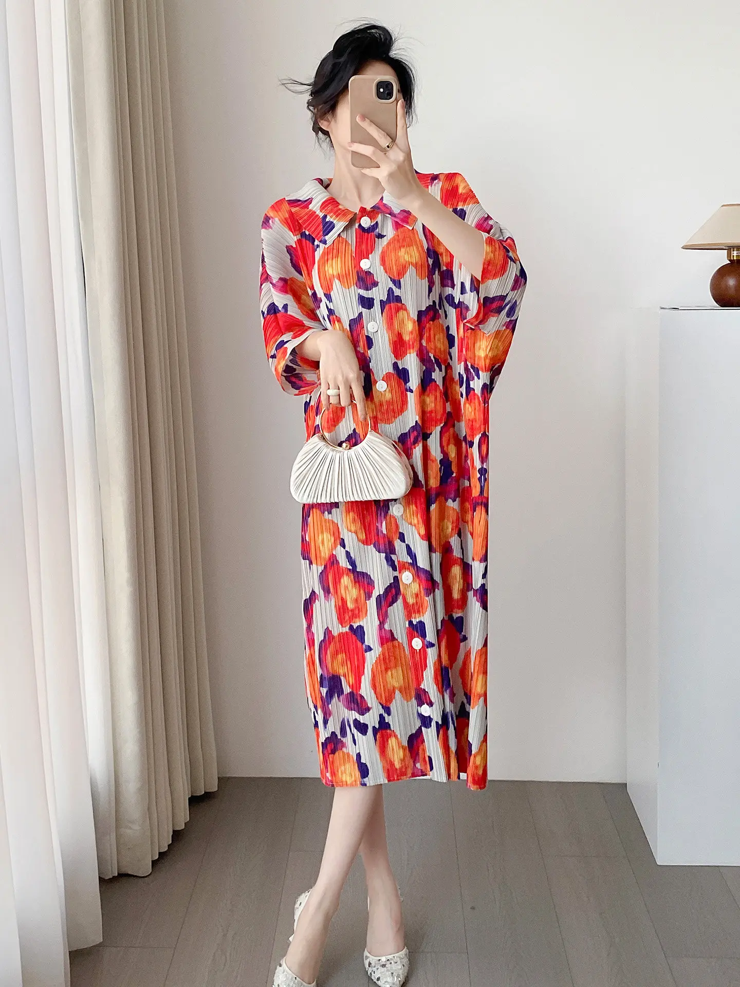 Tee Houses 2026 Early Autumn New Floral Print Turn-down Collar Long Sve Women's Midi Dr Commute Sle High Waist Poly...