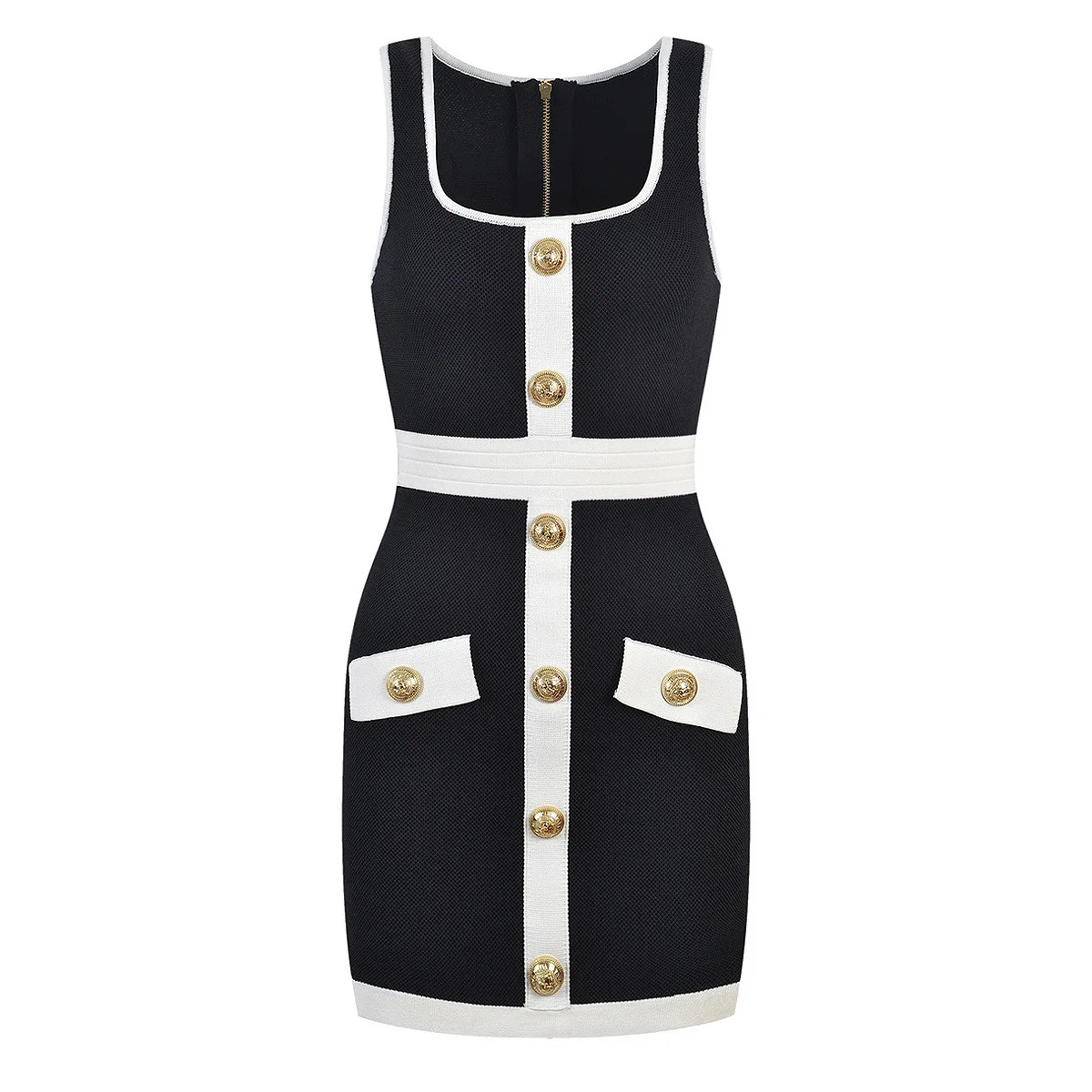 Sleeveless Color Clash Knitted Dresses Lion Head Gold Button Sling Dress Back Zipper Sheath Sexy Skirts Summer Women's Clothing
