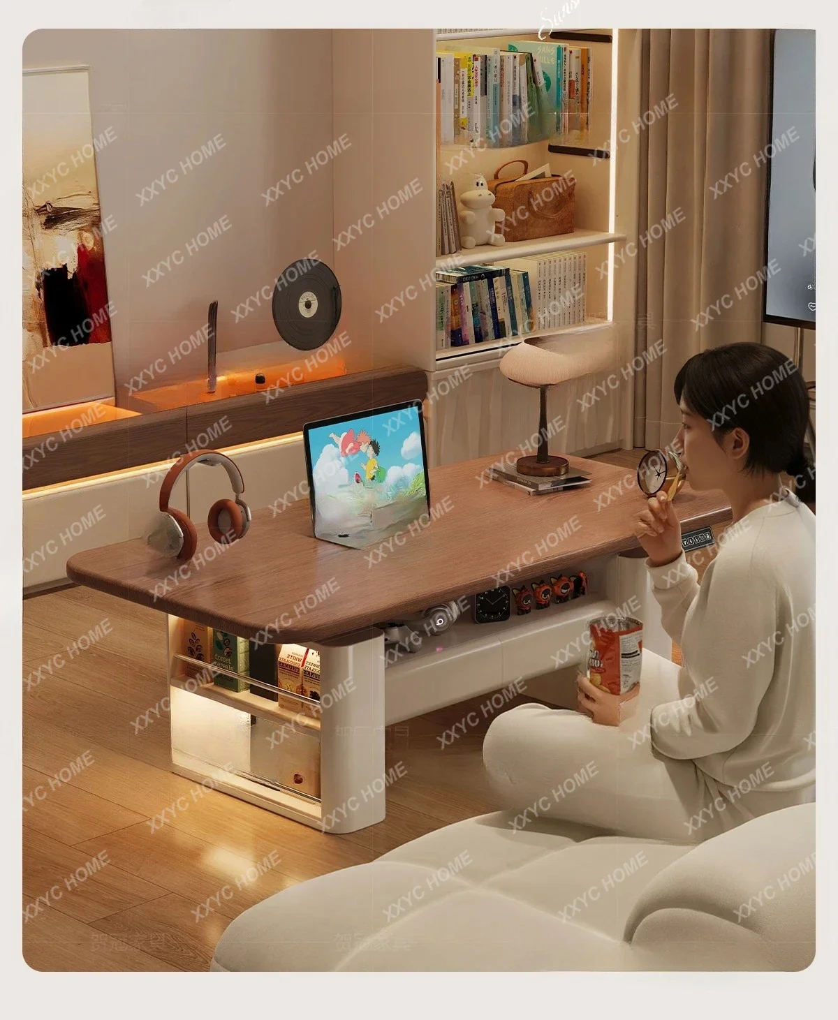 high coffee table solid wood, multi-functional rectangle, living room integrated lifting table movableP