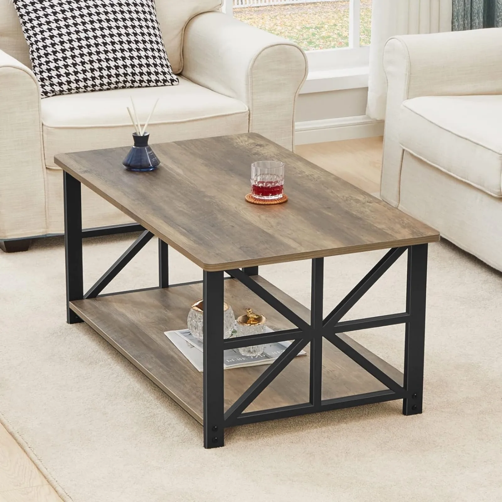 US   Coffee Table with Round Corner, Farmhouse Center Table with 2-Tier Storage Shelf X-Frame Design for Living