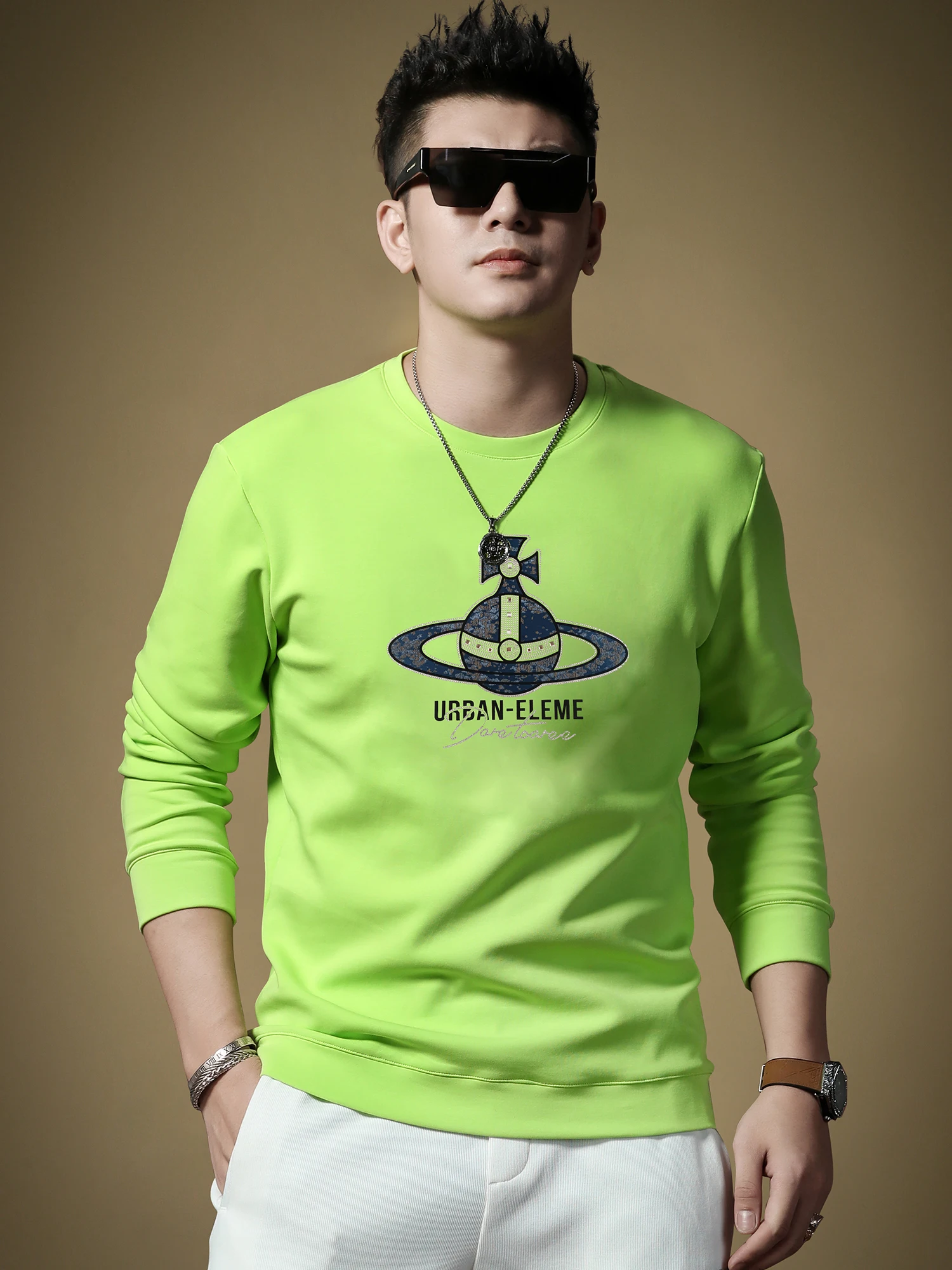 

Флуоресцентный круглый свитшот, мужская повседневная толстовка с длинными рукавами, весенне-осенняя модная молодежная толстовка высокого класса, модный топ