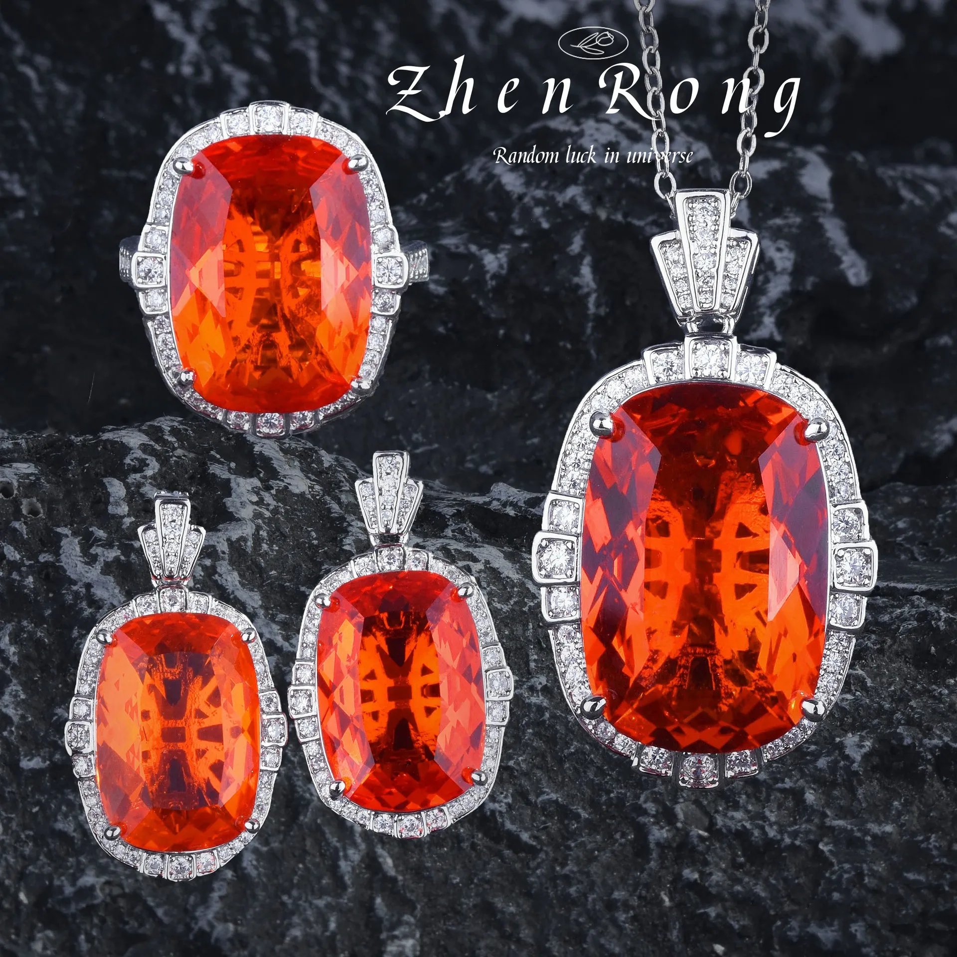 Foydjew Luxury Large Carat Padparadscha Gemstone Pendant Necklaces Vintage Luxury Fanta Orange CZ Rings Earrings Jewelry Sets
