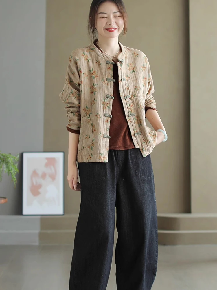 Amax LuluE Cappotti moda cinese autunnali da donna stampati classici giacche vintage larghe da donna casual eleganti abiti in cotone floreale