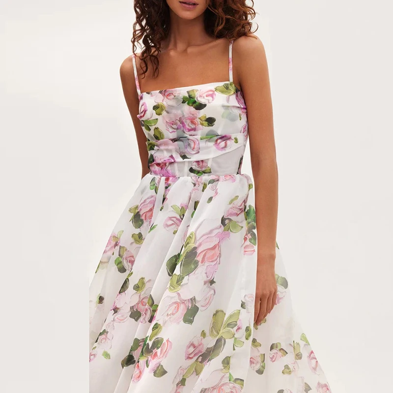 Summer Slash Neck Floral Print Suspender Dress Elegant Sleeveless High Waist Chiffon Dress New Temperament Pleated Evening Dress