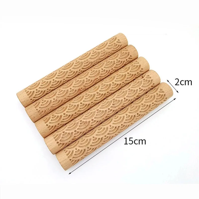 3D Embossed Pottery Styling Tools Wooden Hand Pressure Roller Home Kitchen Baking Pie Cookie Rolling Pin Handmade Tools Supplies