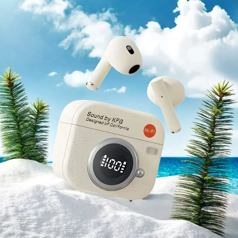 

Q86 Retro Camera Leather Good Design Wireless Earbuds Semi-In-Ear Earphones with Screen Digital Display and Gaming Low Latency