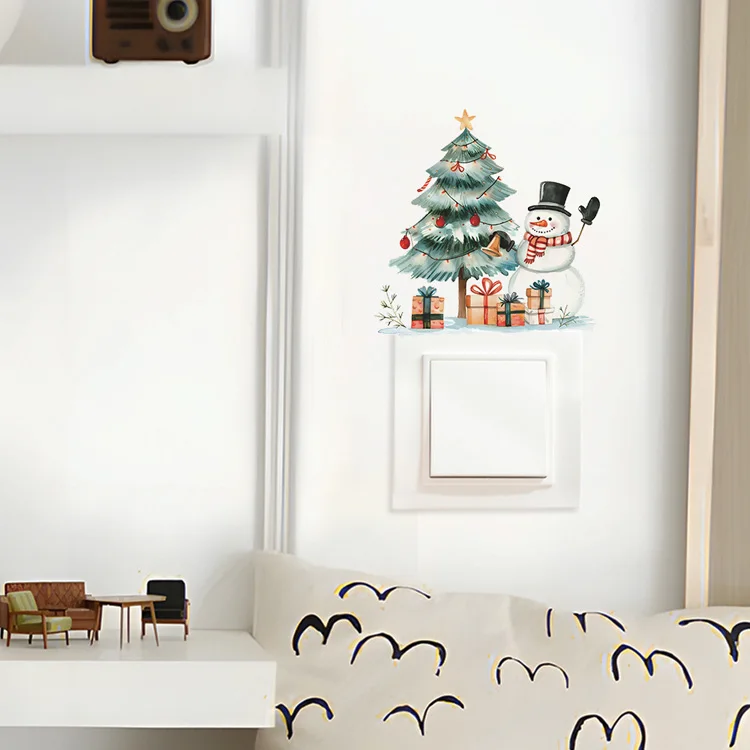 Cartoon Weihnachtsbaum Schneemann Schalteraufkleber Raumsteckdosen-Dekoration Wandbild Festliche Dekoration Selbstklebend für Neujahr Wanddekorationen – Detail 5