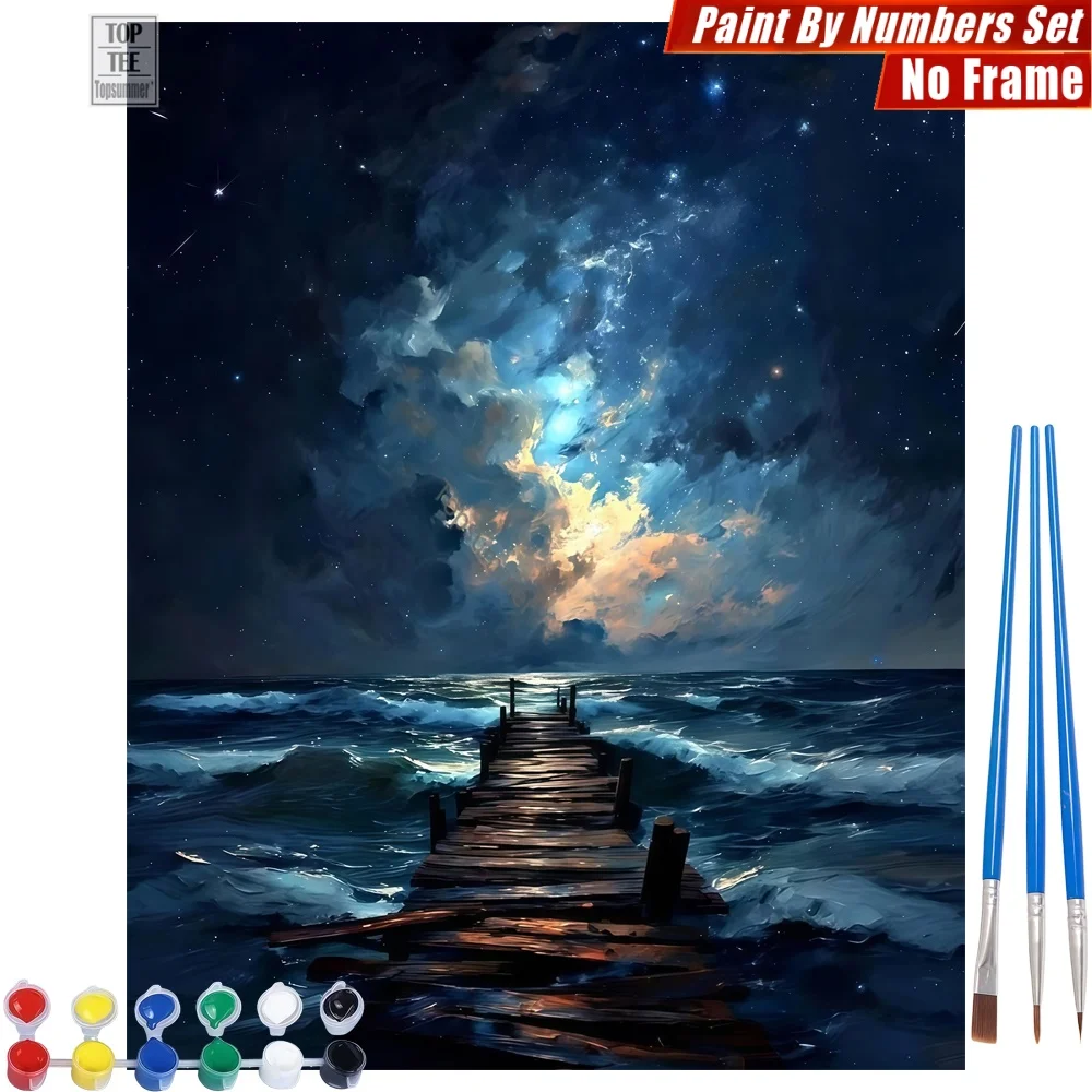 Kit de pintura por números DIY de muelle nocturno de madera - Muelle, estrellas, olas, actividades para el hogar, regalo de Navidad para esposo
