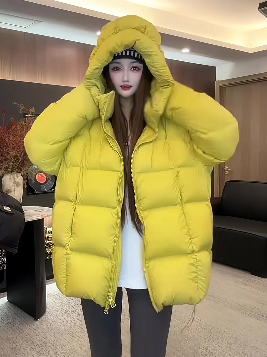 

Корейская женская удлиненная пуховая куртка с капюшоном, желтая, теплая, с наполнителем из пуха, зимняя, новая модель